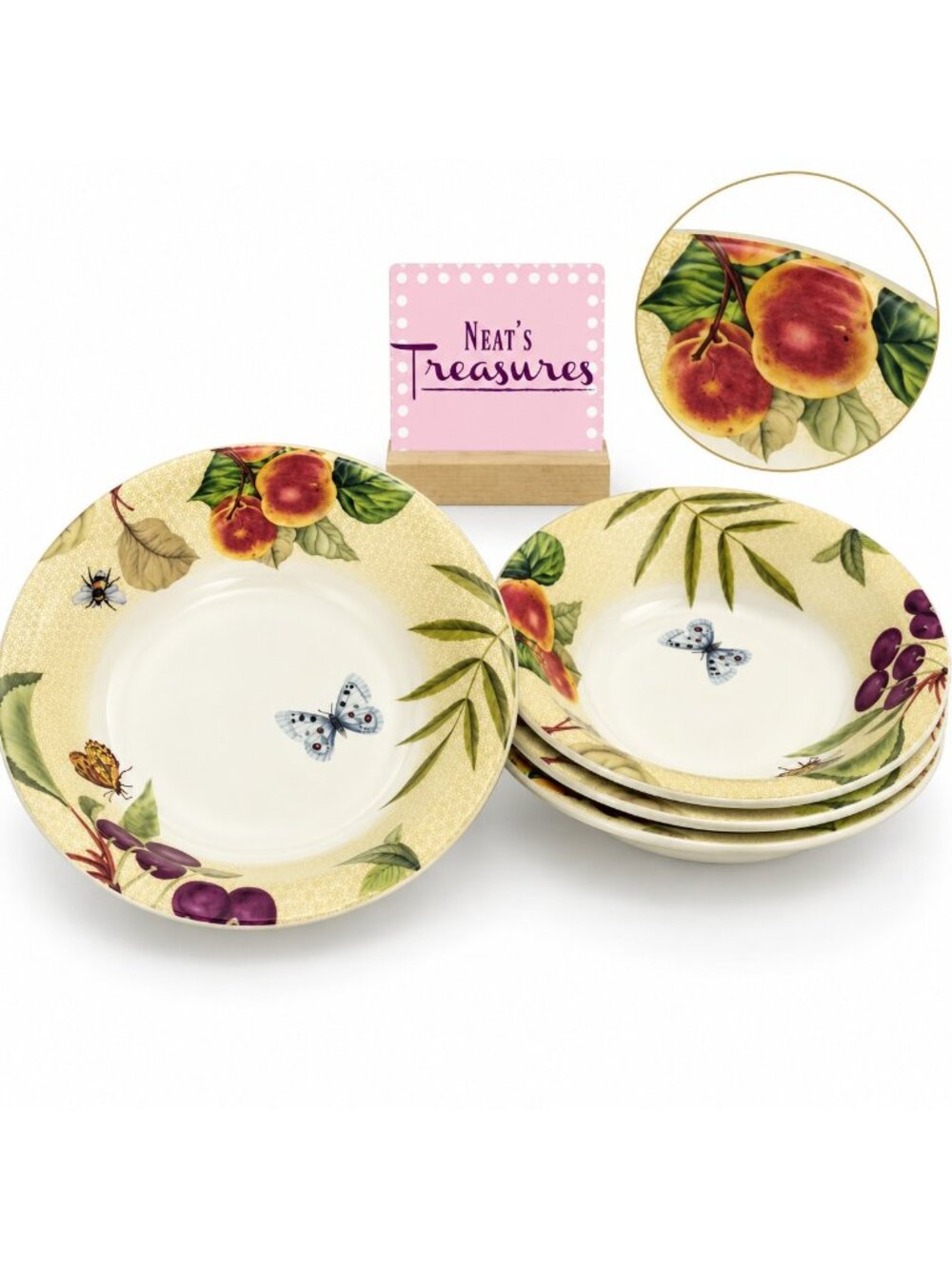 Spode FRUIT HAVEN Cherries Peaches Butterflies Porcelain Coupe Cereal Bowl Set 4